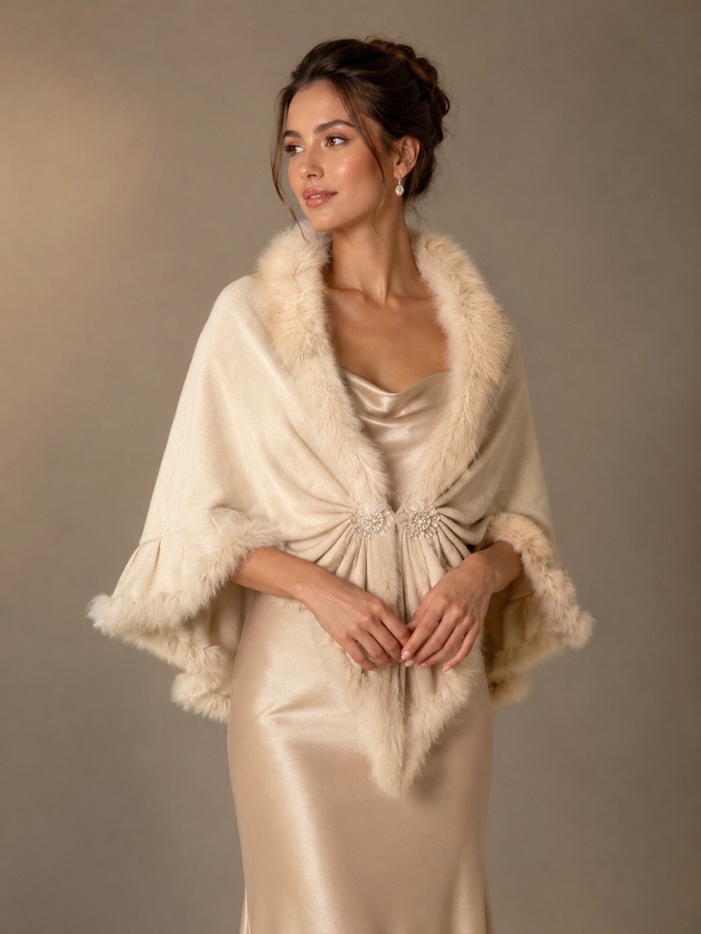 Faux-Fur Trim Cream Cape Sweater Wrap